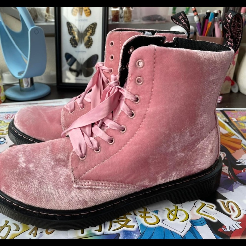 Pink crushed velvet Doc Martens